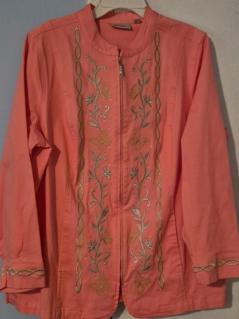 Quacker Factory Jacket Salmon Butterfly Embroidered Zip Pockets Women's Plus 1X